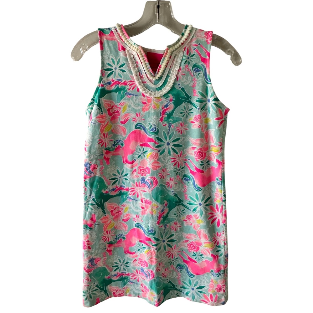 Lilly‎ Pulitzer Kids XL 12-14 Unicorn Floral Print Shift Dress Pink Teal 001721